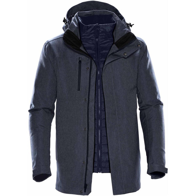 A men's jacket in dark blue with a hood, featuring multiple pockets and a zip closure. It has a logo.