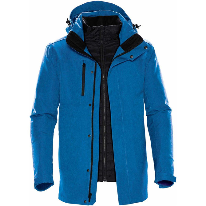 A blue jacket with a hood, featuring a zip front and multiple pockets. It has a logo on the design.