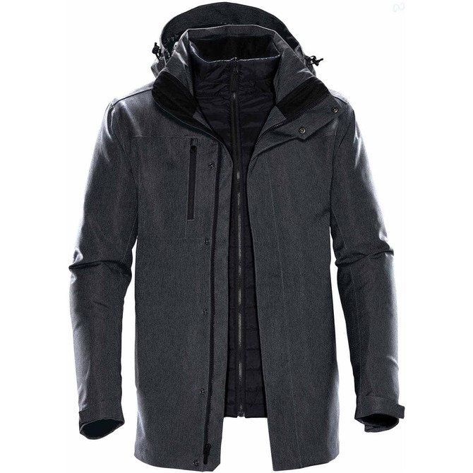 A grey men's jacket with a hood, featuring a zip closure and multiple pockets. It has a logo on it.