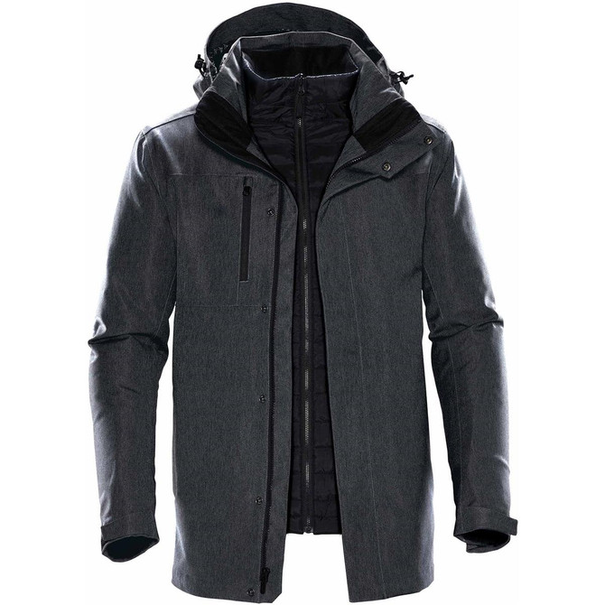 A men's jacket in dark grey with a zip-up front, hood, and multiple pockets. It features a logo on the design.