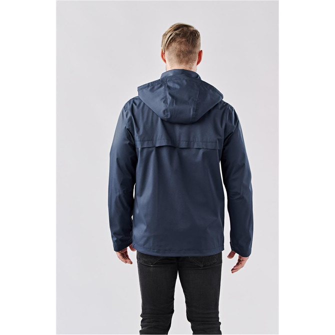 A lightweight navy rain jacket with a hood, featuring a back yoke design and a logo on the back.