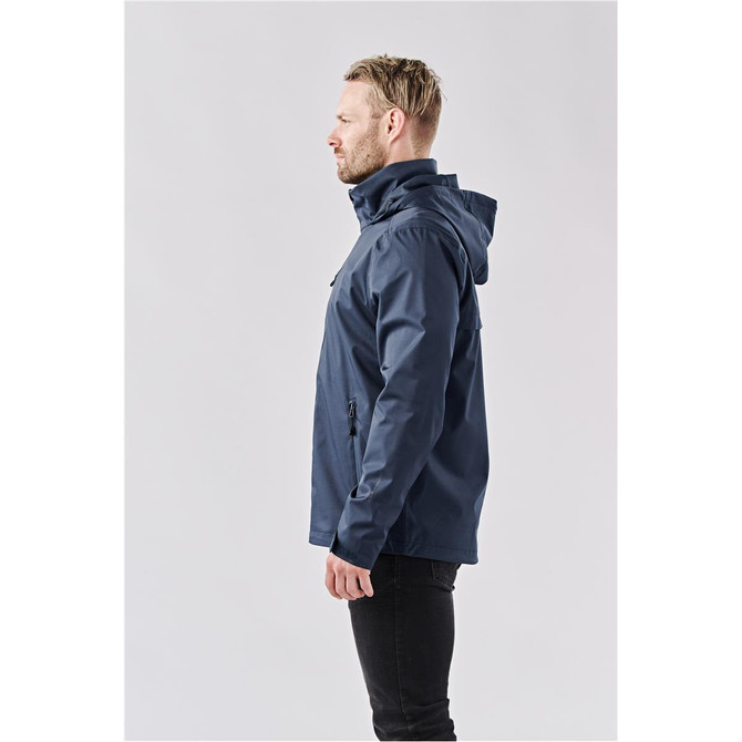 A men's lightweight rain jacket in navy, featuring a hood and a logo.