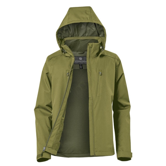 A lightweight rain jacket in olive green with a hood, featuring a zippered front and a logo.