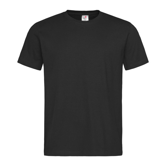 A black heavyweight crew neck t-shirt with short sleeves and a tag inside. It features a logo on the label.
