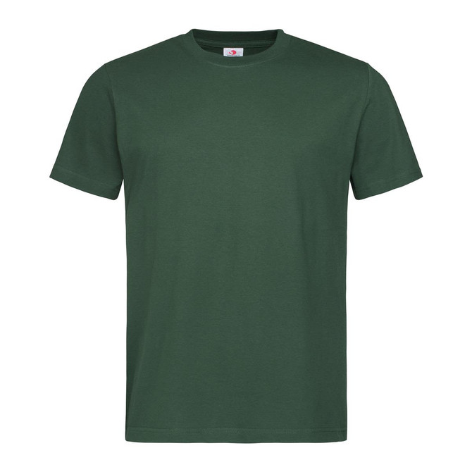 A green heavyweight crew neck t-shirt featuring a simple design and a logo on the label.
