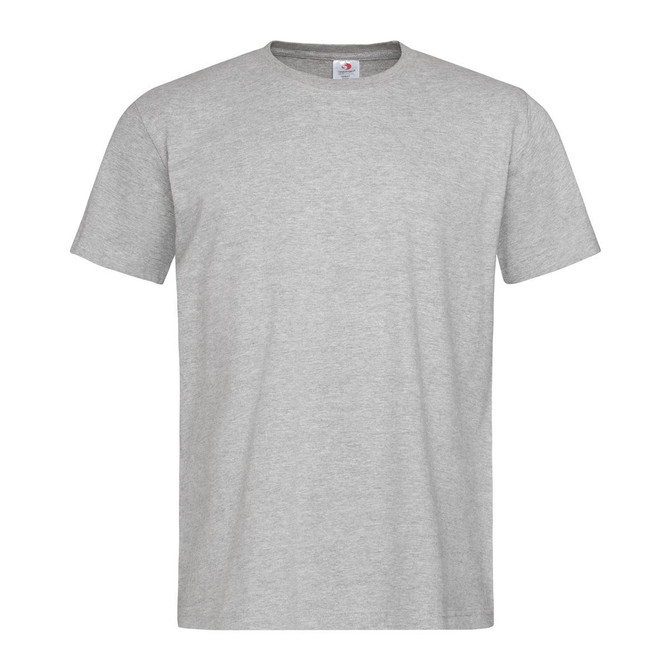 A grey heavyweight crew neck t-shirt with short sleeves and a logo on the label.