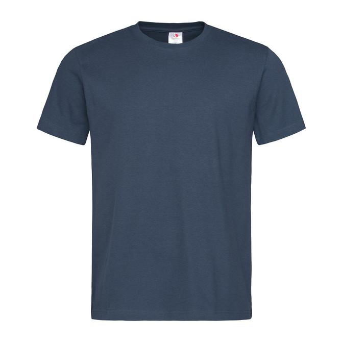 A navy blue heavyweight crew neck T-shirt with short sleeves and a tag inside. It features a logo on the label.