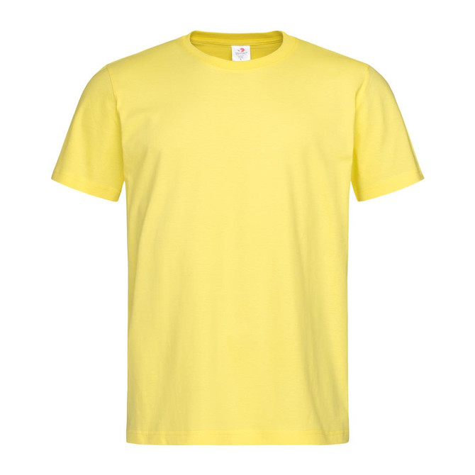 A yellow crew neck t-shirt with short sleeves, featuring a logo on the label.