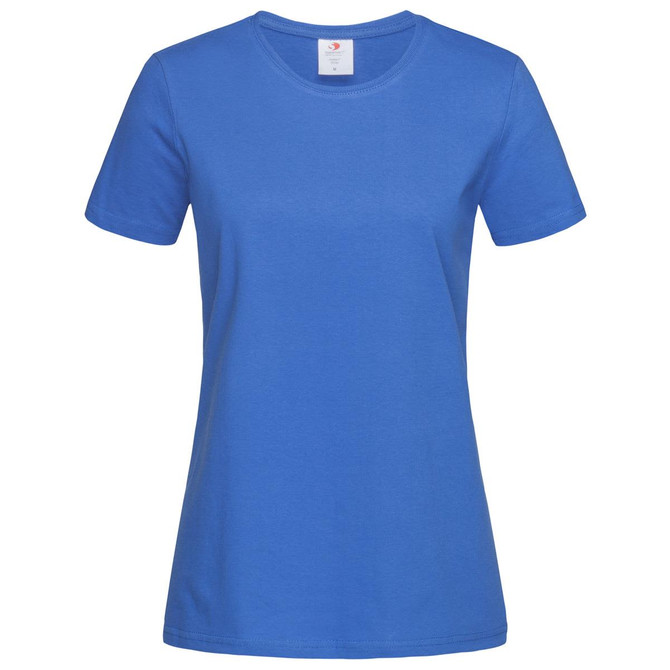 A blue women's heavyweight comfort-T crew neck t-shirt with a round neckline and short sleeves. It features a logo.