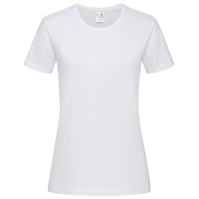 A white women's heavyweight comfort T-shirt with a crew neck and short sleeves. It features a logo on the label.