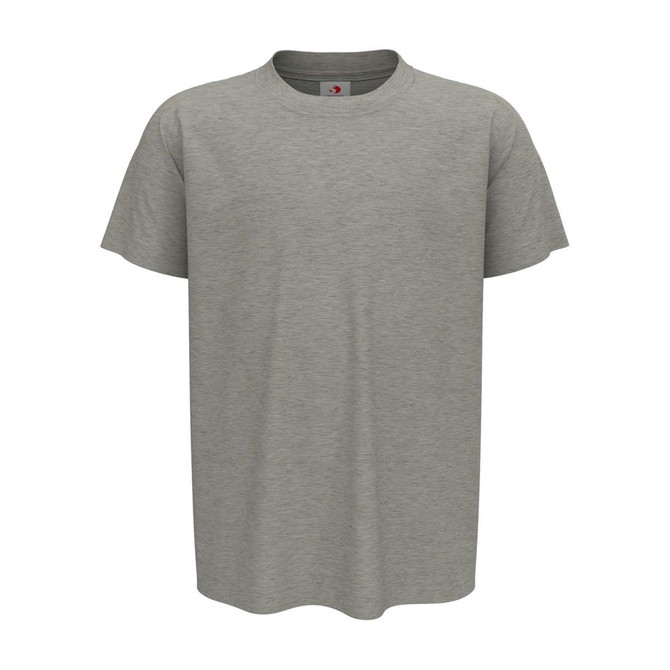 A grey organic crew neck T-shirt with short sleeves and a branding label on the neck.