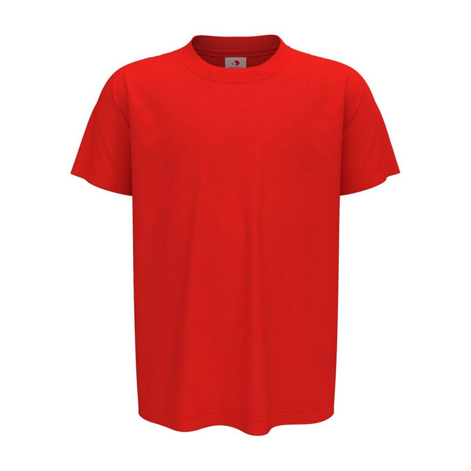 A red classic crew neck t-shirt for kids, featuring short sleeves and a woven label inside the neckline.