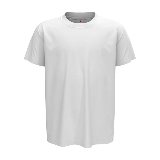 A white organic crew neck t-shirt for kids, featuring short sleeves and a simple design. It includes a logo.