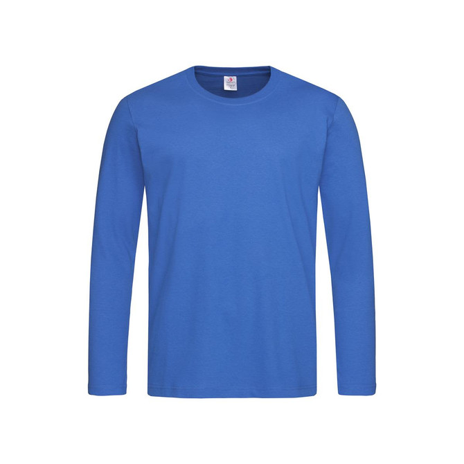 A blue long-sleeve T-shirt with a round neckline and a logo.