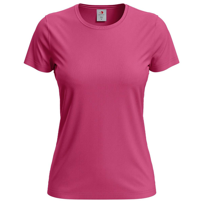 A pink women's classic T-shirt with a round neckline and short sleeves, featuring a logo.