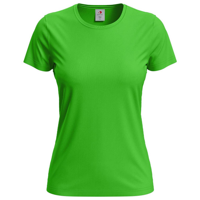 A bright green women's classic T-shirt with a crew neckline and short sleeves, featuring a visible logo.