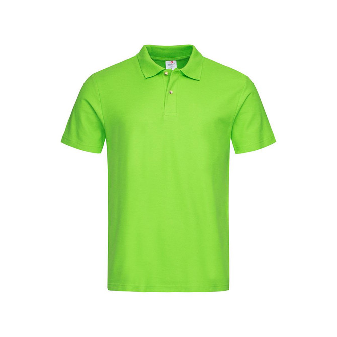 A bright green heavyweight polo shirt with a classic collar and three buttons, featuring a logo.