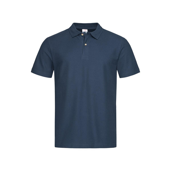 A men's heavyweight polo shirt in navy blue with a classic collar and three-button placket, featuring a logo.