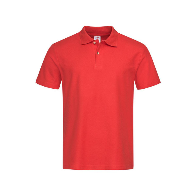 A red heavyweight polo shirt with a three-button placket and a collar, featuring a small logo.