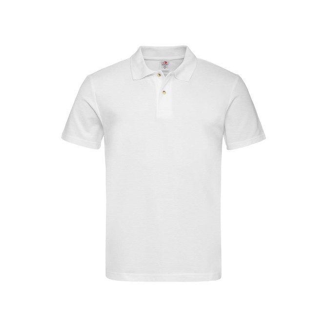 A white heavyweight polo shirt with short sleeves and a collar, featuring a logo.