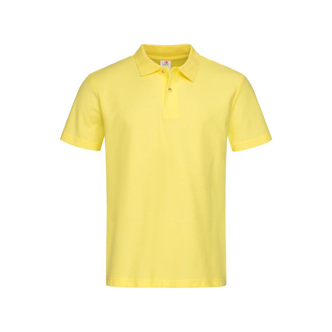 A yellow men's heavyweight polo shirt with a collar, featuring a logo on the chest area.