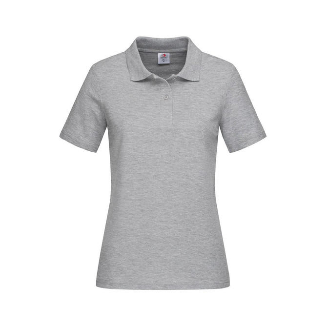 A women's heavyweight polo in light grey with a classic collar and short sleeves. It features a logo on the chest.
