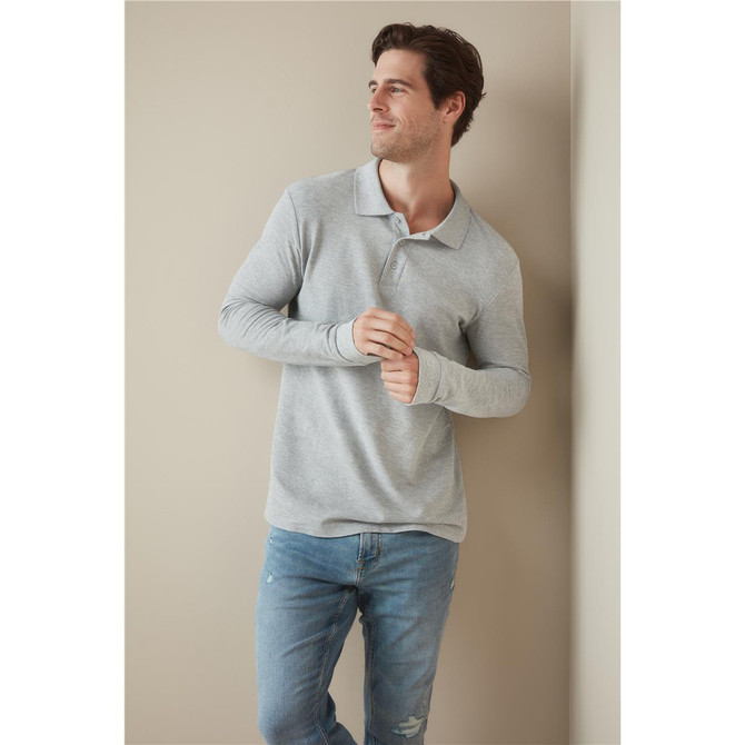 A long-sleeve grey polo shirt displayed on a model against a neutral background. The model is wearing casual jeans.