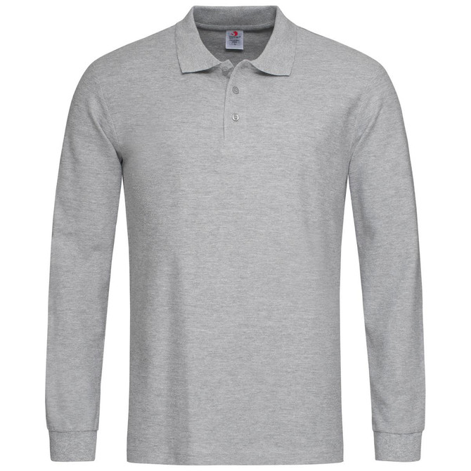 A grey long sleeve polo shirt with a collar and a logo. Suitable for casual or smart-casual wear.