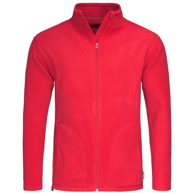 A red men's active fleece jacket with a zip front and two side pockets, featuring a logo on the hem.
