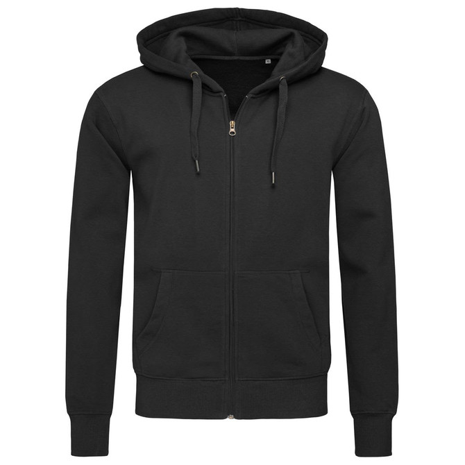 A black men's active sweatjacket with a hood, front zip, and two pockets. It features a logo on the left side.