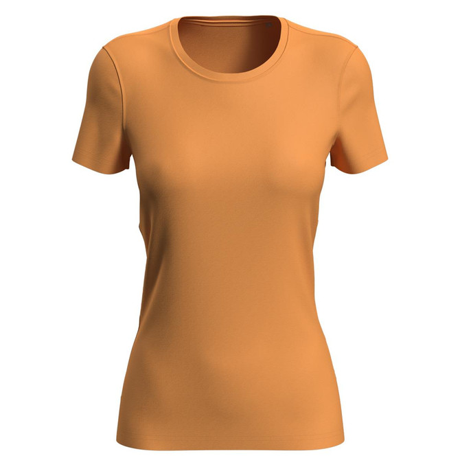 An orange women's active sports T-shirt with a round neck and short sleeves. It features a logo.