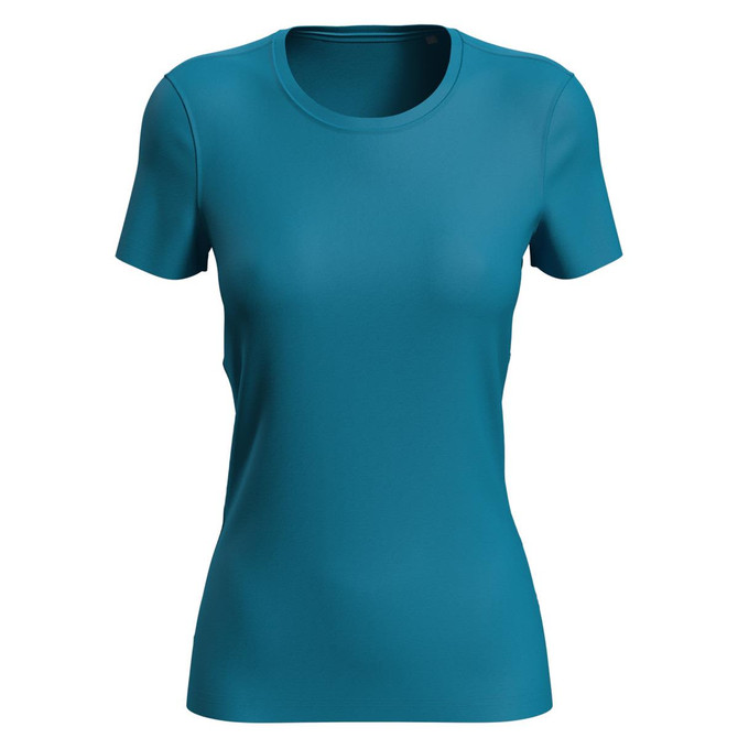 A women's active sports T-shirt in a teal colour, featuring a fitted design and short sleeves. It has a logo.