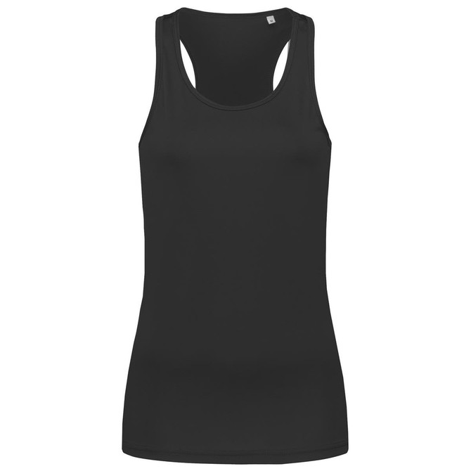 A black women's active sports top with a racerback design and a brand logo. Suitable for various sporting activities.