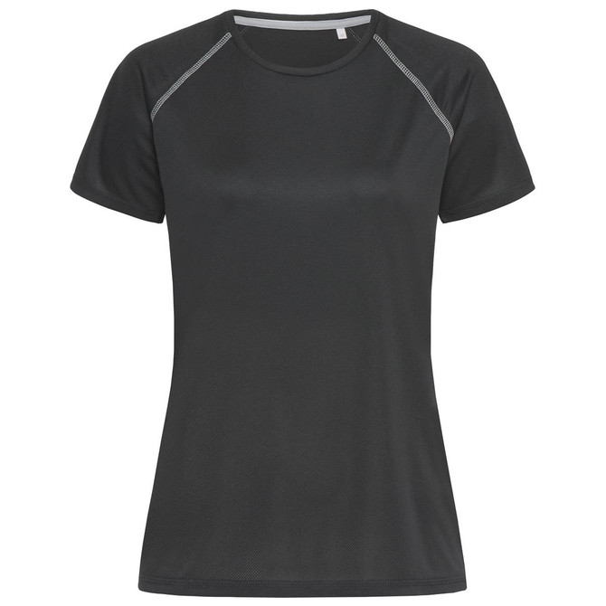 A black women's active t-shirt featuring short sleeves and a round neck, with a logo present on the design.