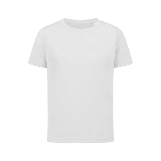 A plain white T-shirt with short sleeves, featuring a logo on the front. Suitable for kids' sportswear.