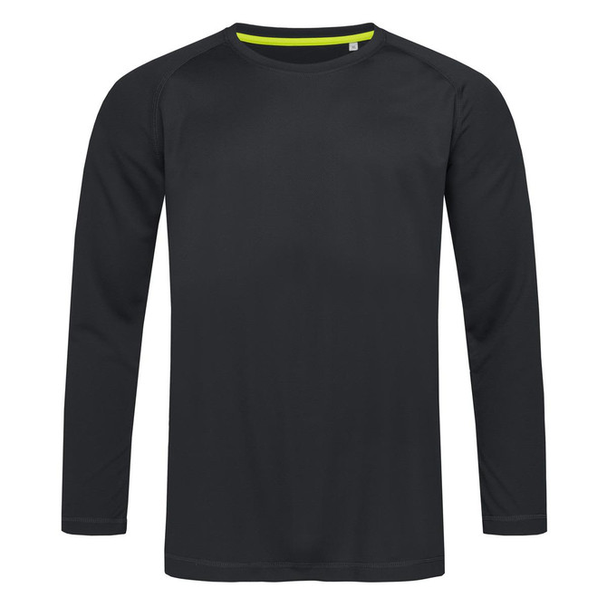 A long sleeve black active shirt with a lime green accent on the collar, featuring a logo.