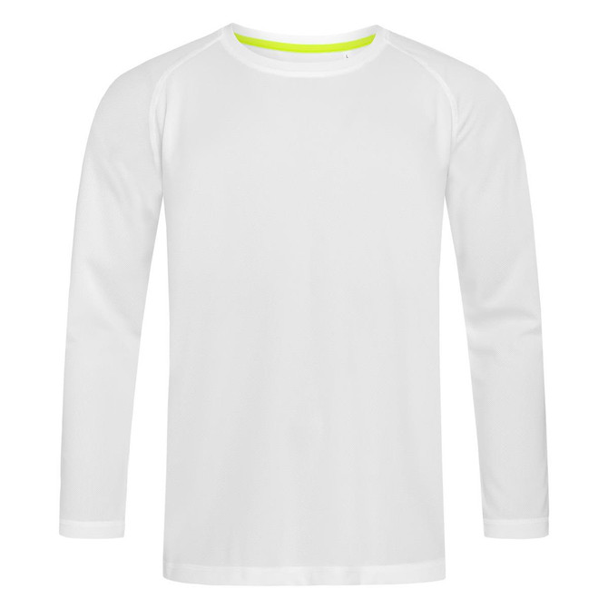A long sleeve white active shirt with a round neckline and a hint of neon yellow at the collar. It features a logo.