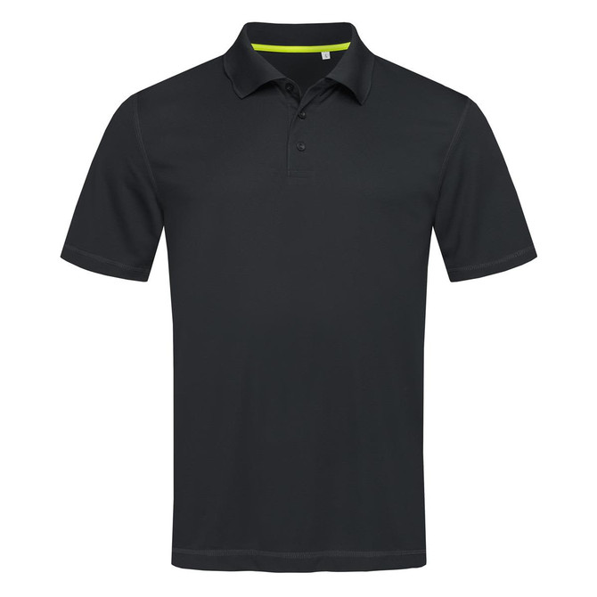 A black polo shirt featuring a modern design and a logo. It has a yellow accent on the collar.