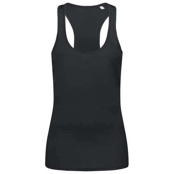 A black women's active tank top with a racerback design and a simple logo. Suitable for active wear.