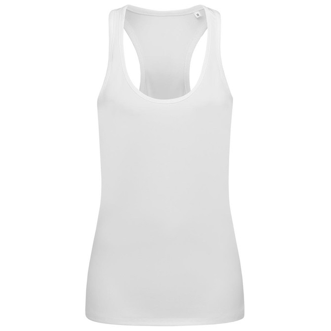 A white women's active tank top with a scoop neckline and racerback design, featuring a small logo.