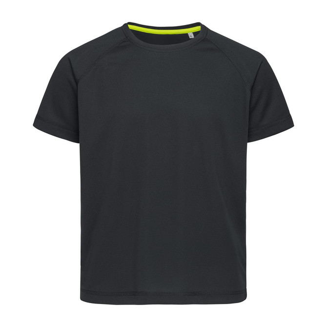 A dark green short-sleeve T-shirt with raglan sleeves and a bright yellow neck trim, featuring a logo.