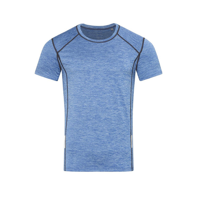 A blue men's recycled sports T-shirt with a fitted design and contrasting black seams. It features a logo.