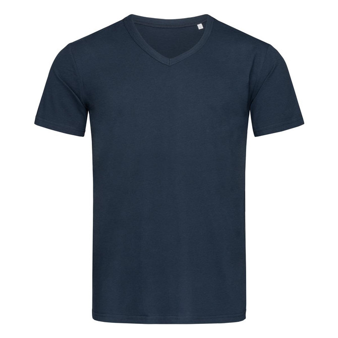 A navy blue men's t-shirt with a V-neck design. The shirt features a small logo on the neckline.