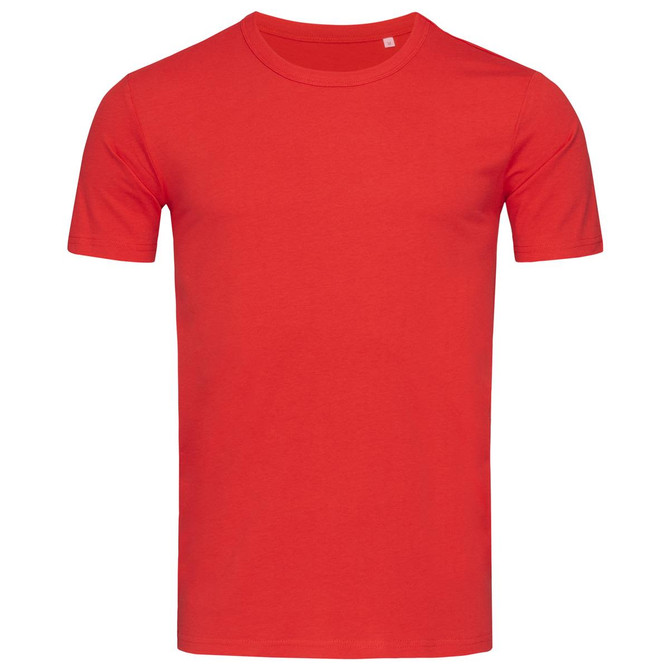 A red crew neck t-shirt featuring short sleeves and a simple design, with a logo present.