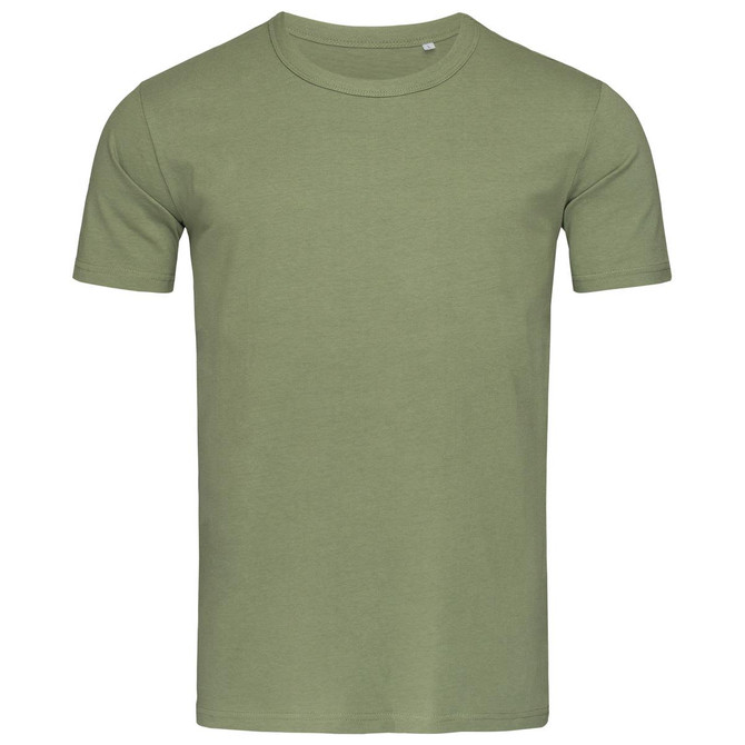 A green crew neck t-shirt with short sleeves and a subtle logo.