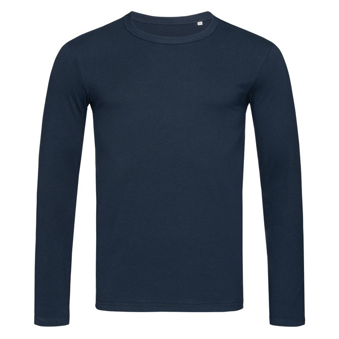 A long sleeve, navy blue T-shirt featuring a round neckline and a simple design, with a logo on the front.