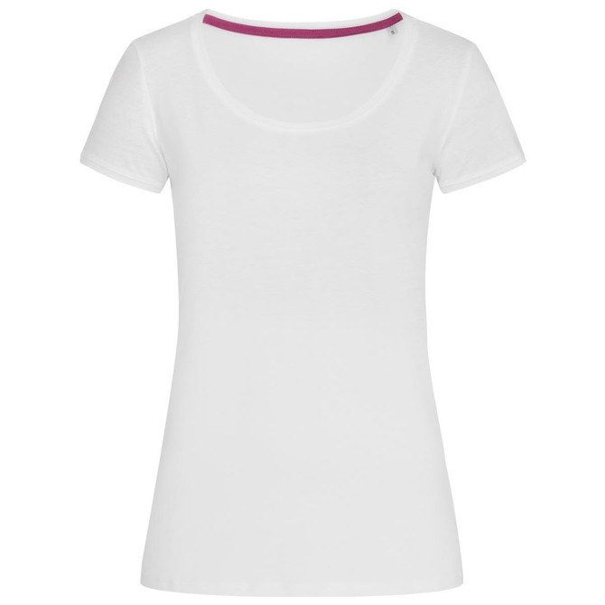 A white women's crew neck t-shirt with a pink detail at the neckline. It features a small logo.