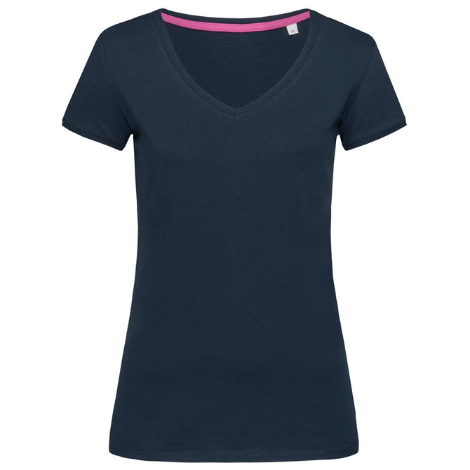 A navy women's V-neck t-shirt with short sleeves and a pink neckline, featuring a logo.