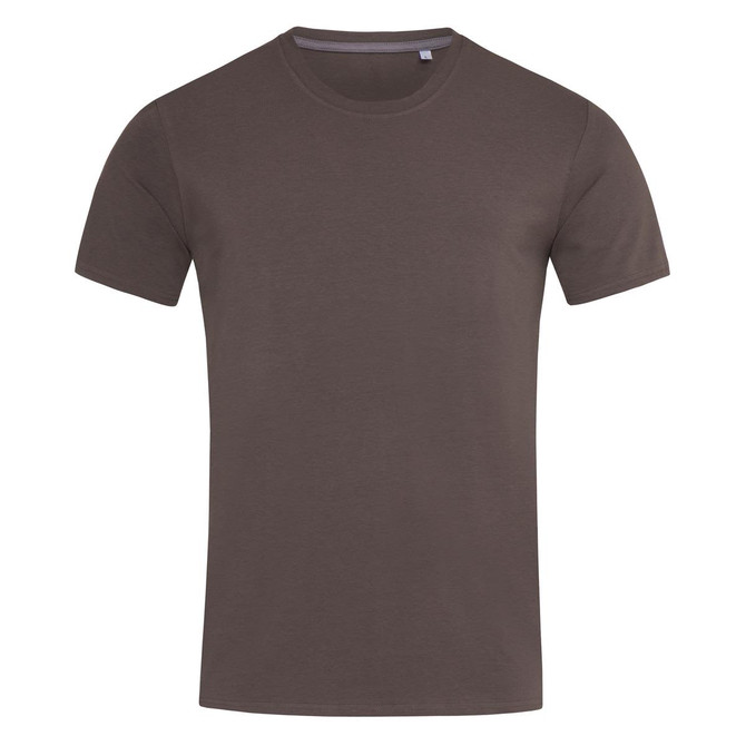 A khaki crew neck t-shirt with short sleeves and a subtle logo detail.