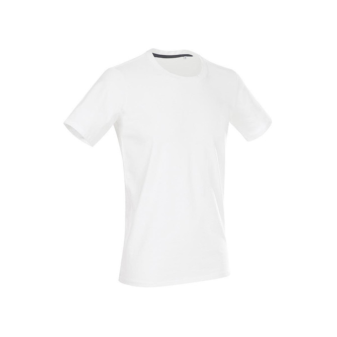 A white crew neck t-shirt with short sleeves and a subtle logo detail.